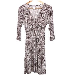 Vintage Retro Front Twist V Neck Stretchy Jersey Brown Casual 3/4 Sleeve Dress